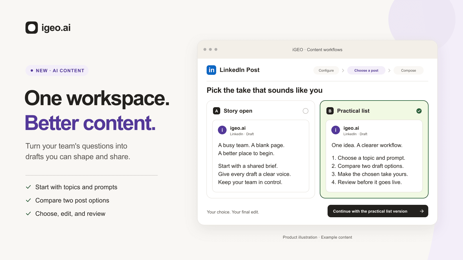 Illustration of igeo.ai AI content showing a LinkedIn workflow, two draft approaches, and a selected post ready to compose
