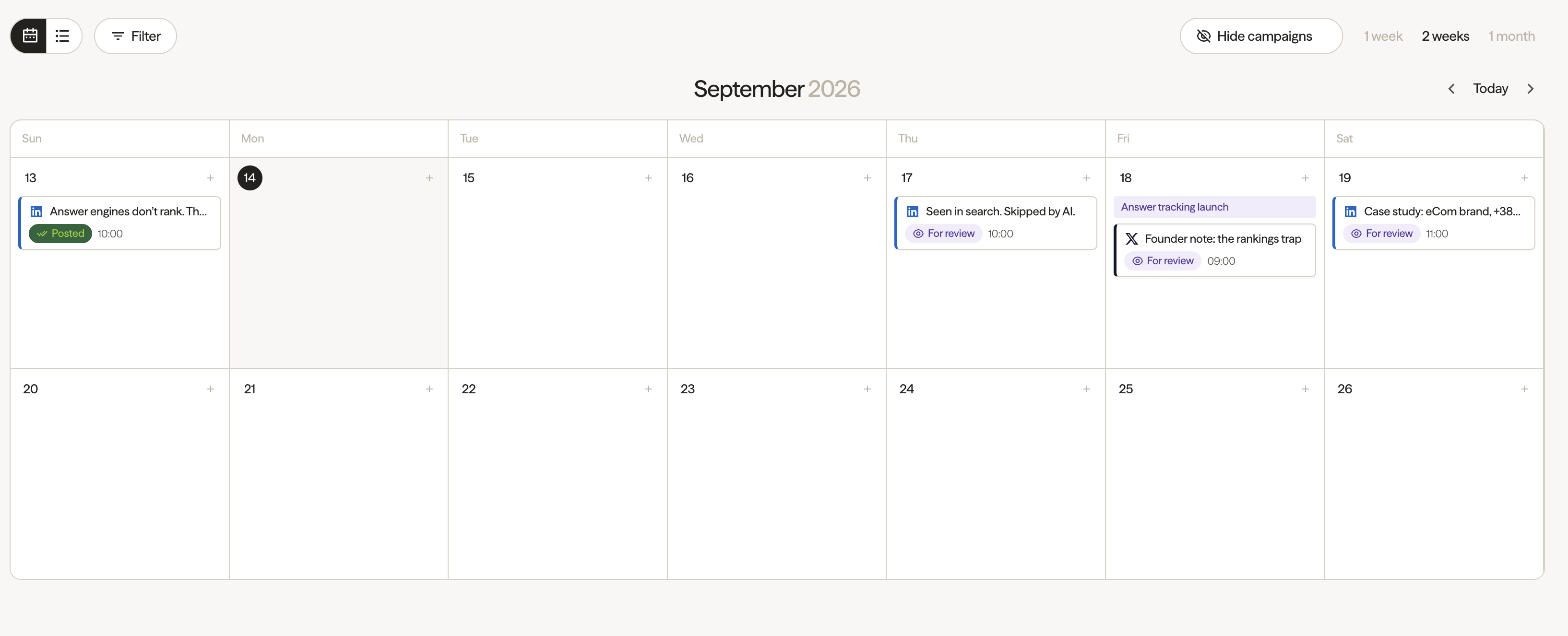 igeo.ai two-week content calendar showing campaign labels, LinkedIn and X posts, review statuses and publishing times