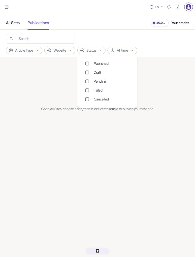 Actual igeo.ai Marketplace Publications view with the Status menu showing Published, Draft, Pending, Failed, and Cancelled